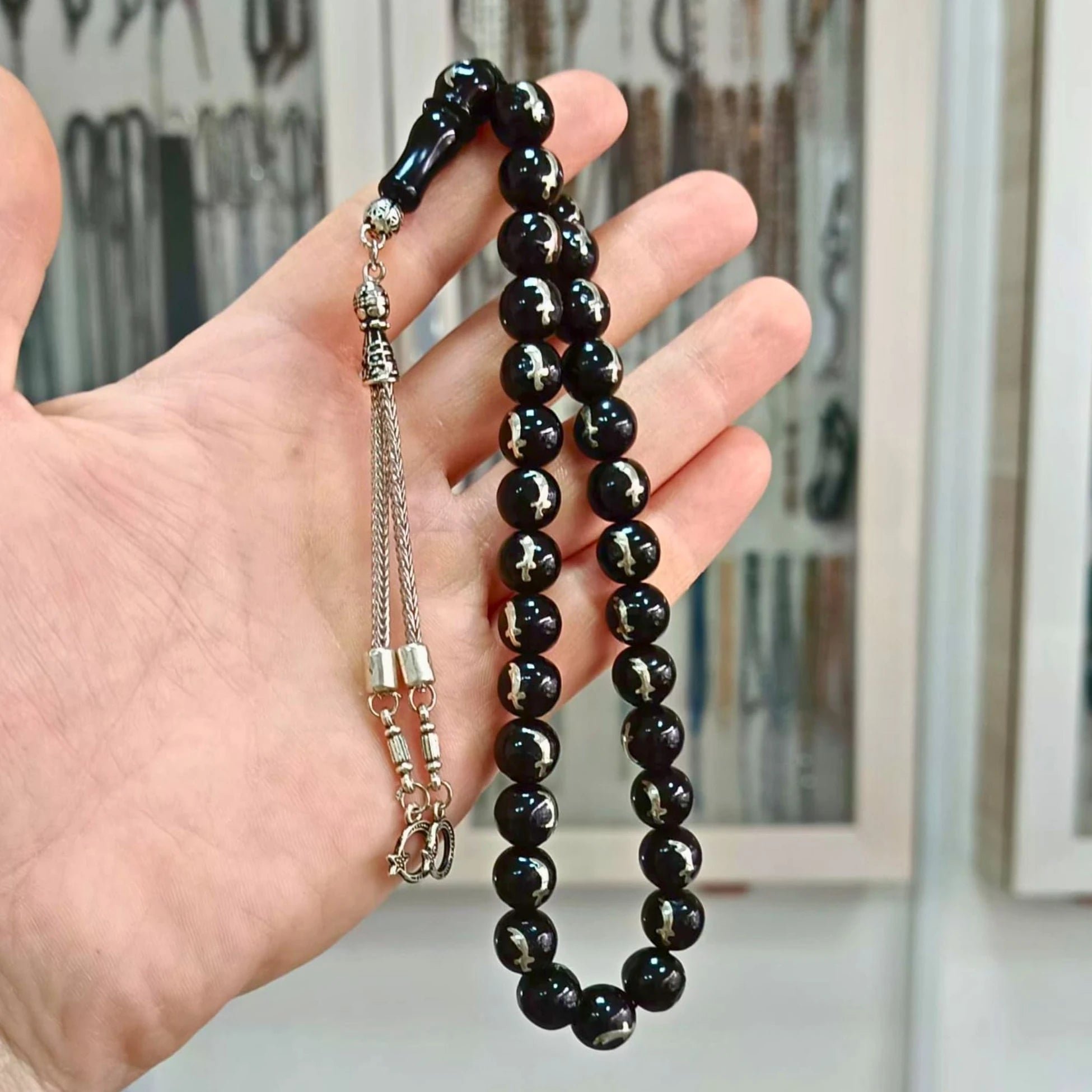 Küre Kesim Gümüş Zülfikar Kılıcı İşlemeli Oltu Taşı Tesbih 10 mm