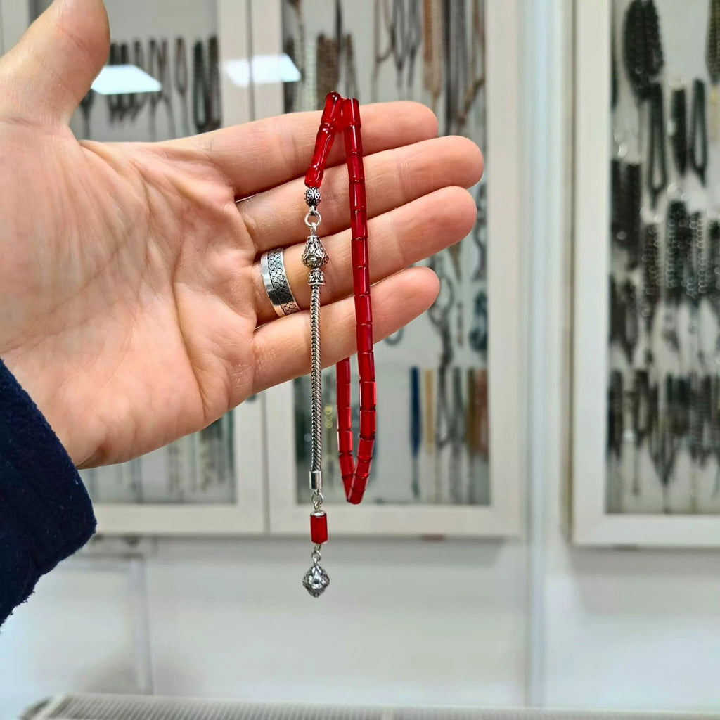 Gümüş Püsküllü Kesme Ateş Kehribar Tesbih 5 X 8 mm