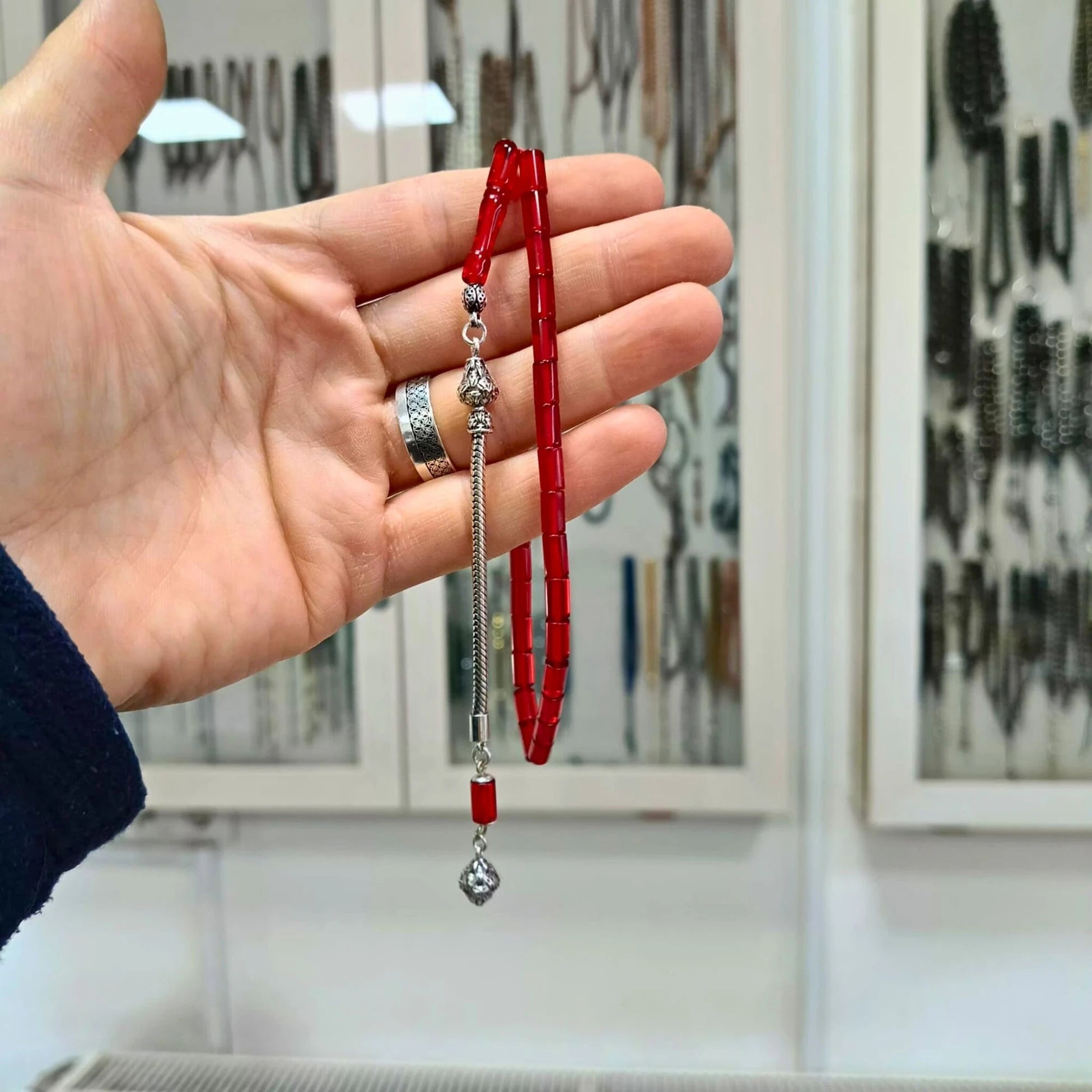 Gümüş Püsküllü Kesme Ateş Kehribar Tesbih 5 X 8 mm