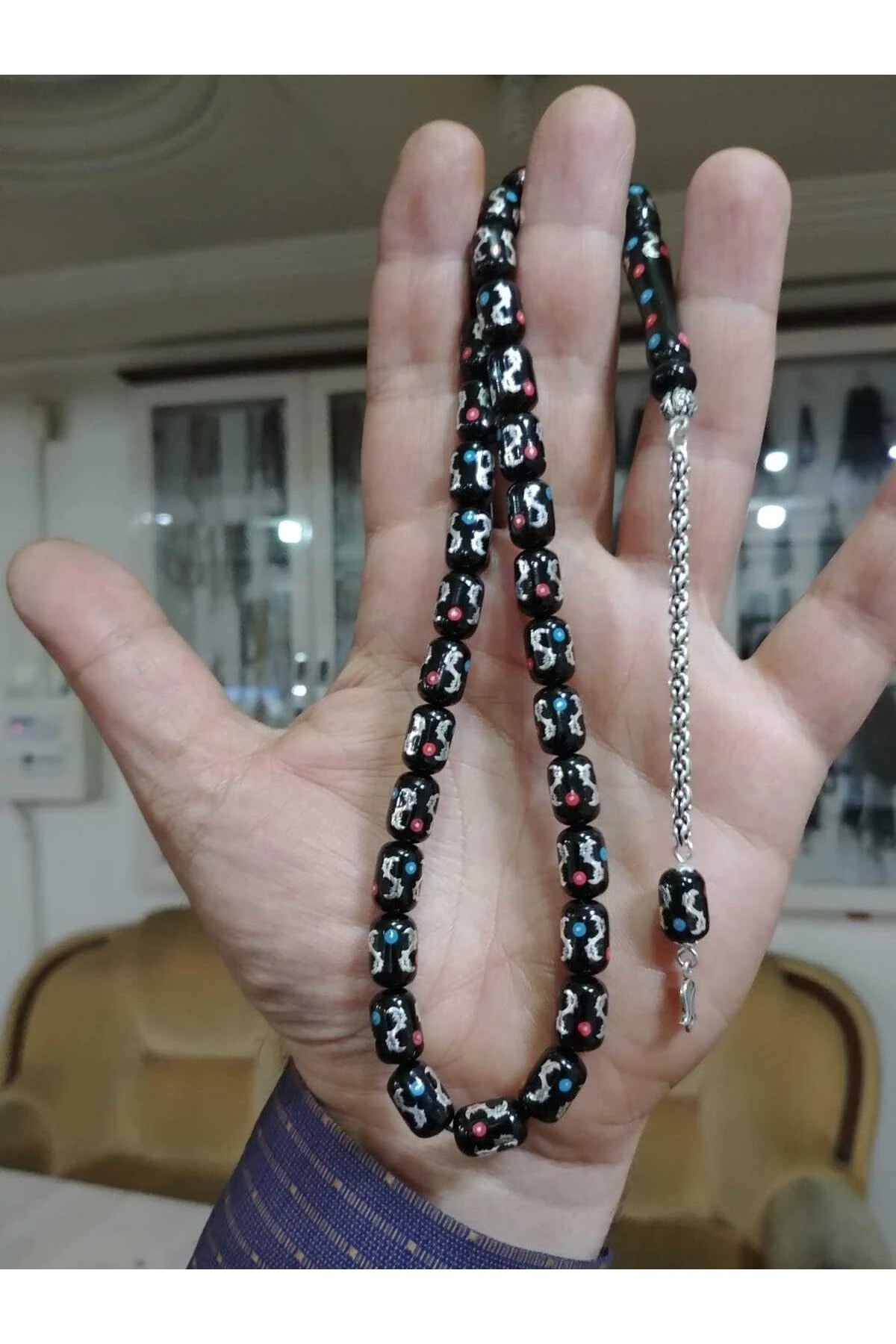 Erkek Siyah Oltu Taşı Tesbih Firuze Mercan Gümüş Işlemeli Koleksiyonluk Oltu Tesbih