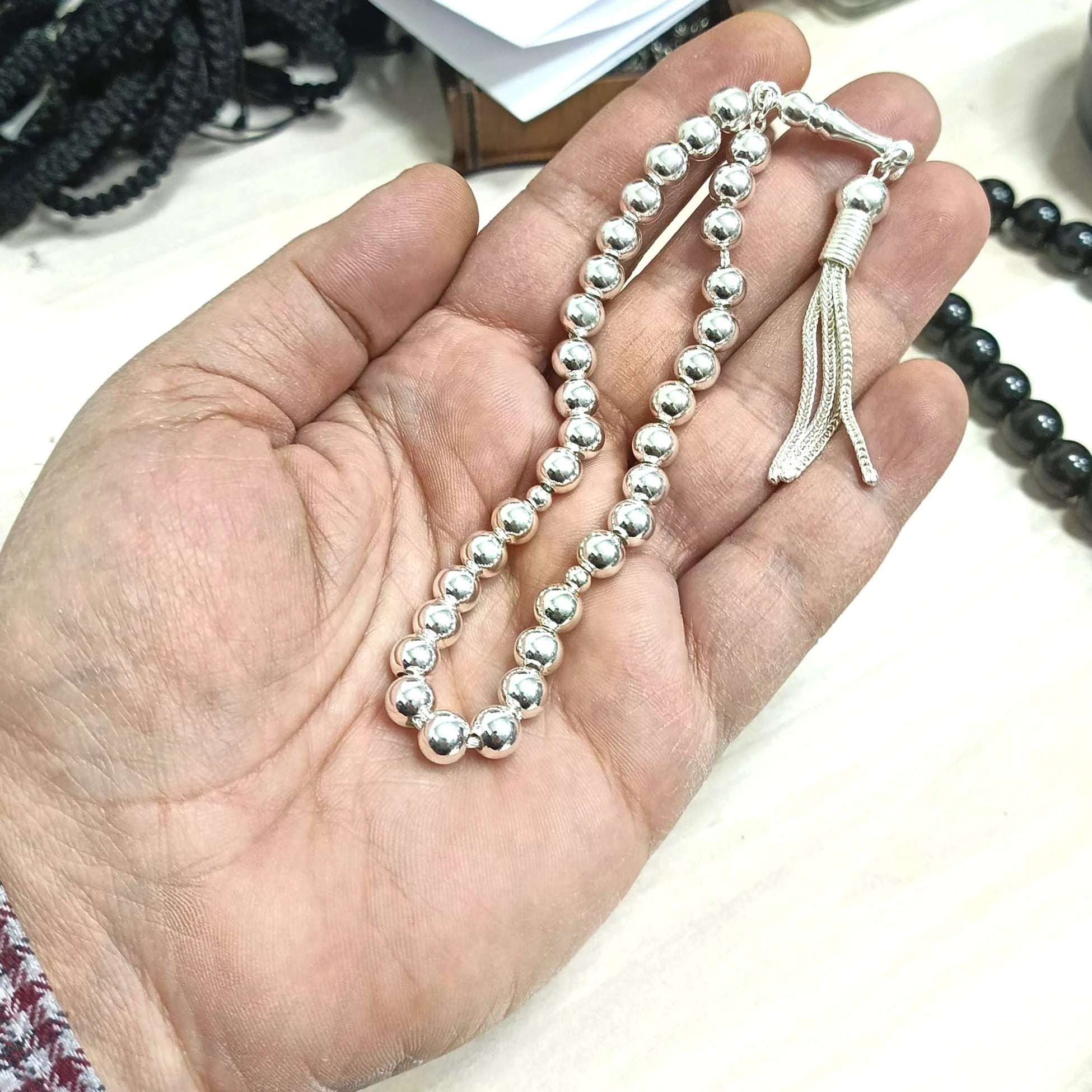 925 Ayar Küre Kesim Gerçek Gümüş Tesbih 7 mm