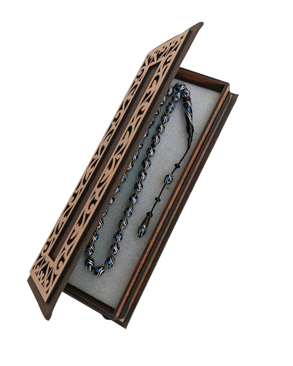 Firuze ve Gümüş İşlemeli Hakiki Erzurum Oltu Taşı Tesbih 8 x 12 mm