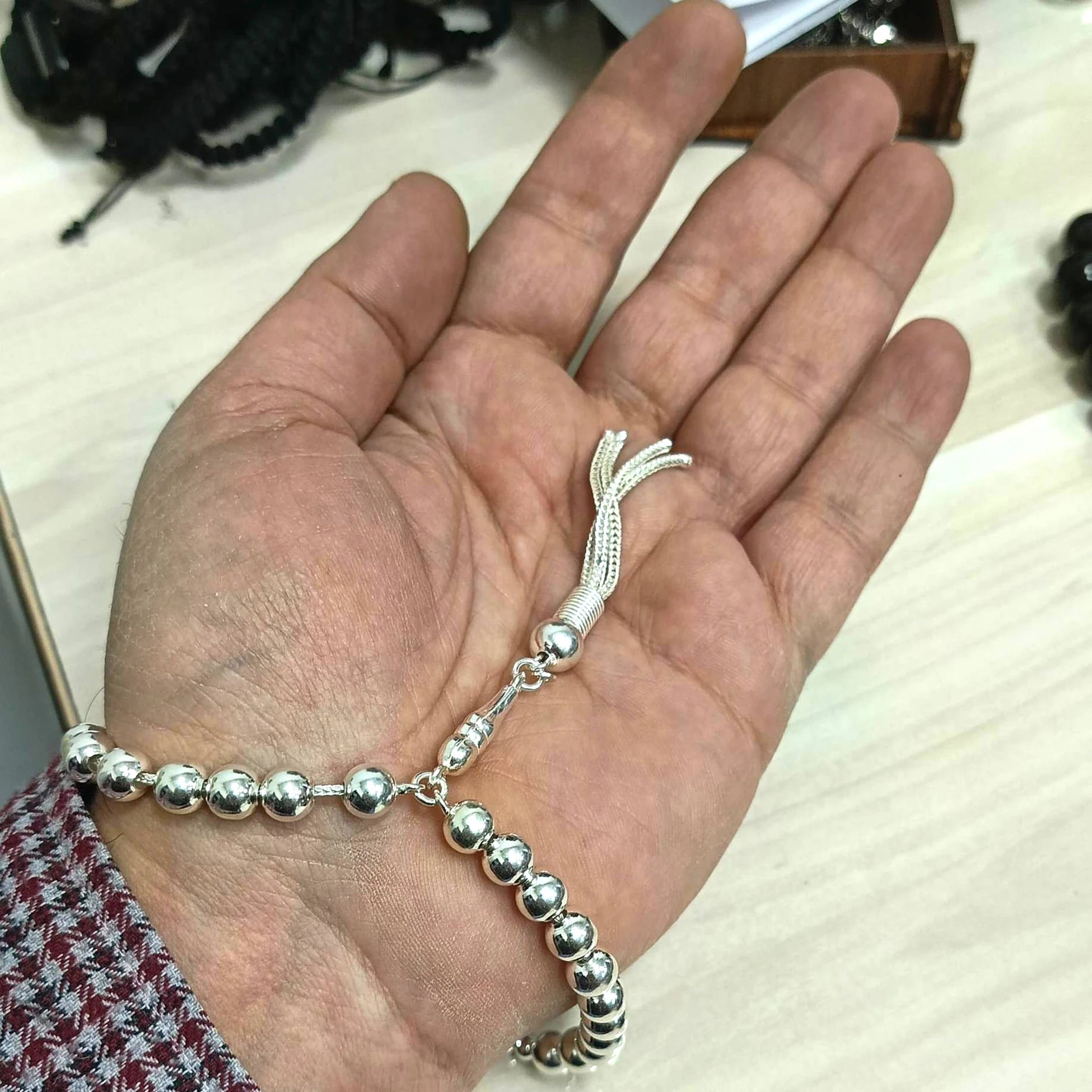 925 Ayar Küre Kesim Gerçek Gümüş Tesbih 7 mm