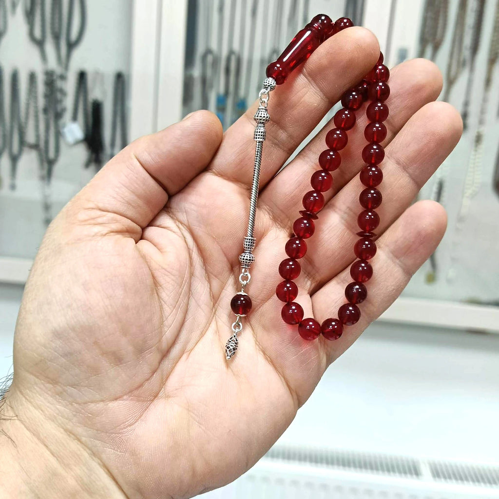 Bilek Boy Küre Kesim Kırmızı Dominik Damla Ateş Kehribar Tesbih 7,5 mm