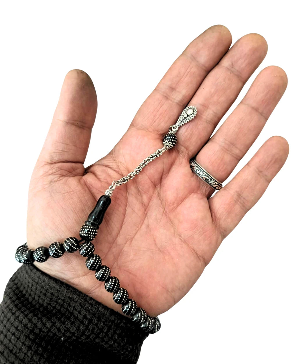 Gümüş Çeşmi Bülbül İşlemeli Gürcistan Oltu Taşı Bilek Boy Tesbih 8 mm