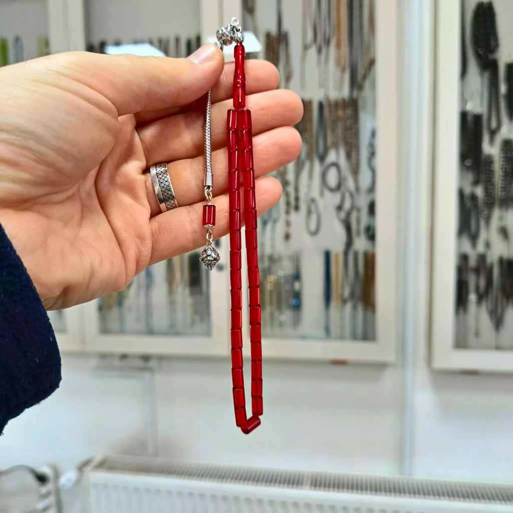 Gümüş Püsküllü Kesme Ateş Kehribar Tesbih 5 X 8 mm
