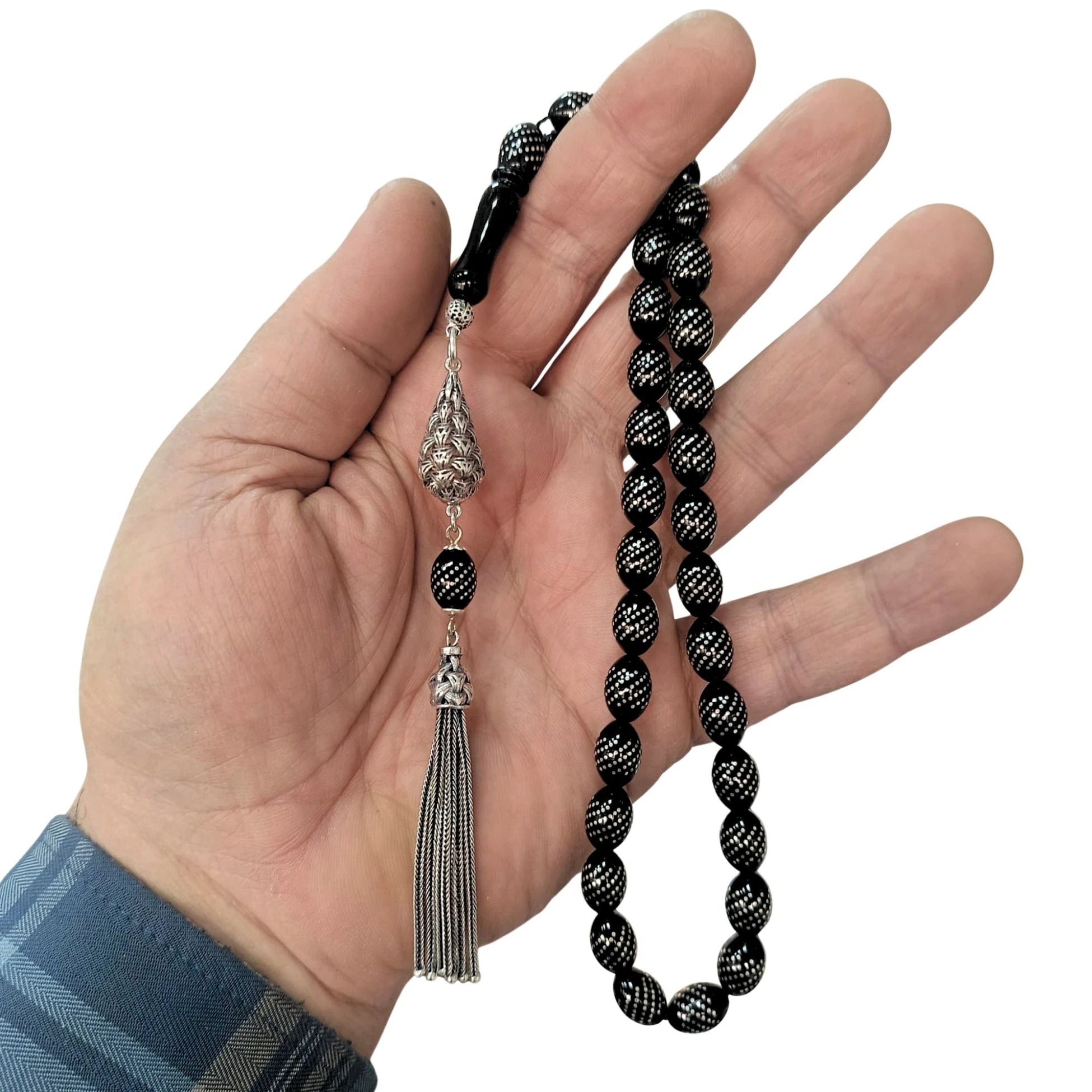 Özel Tasarım Yoğun Gümüş İşlemeli Sertifikalı Erzurum Oltu Taşı Tesbih 8 X 11 mm