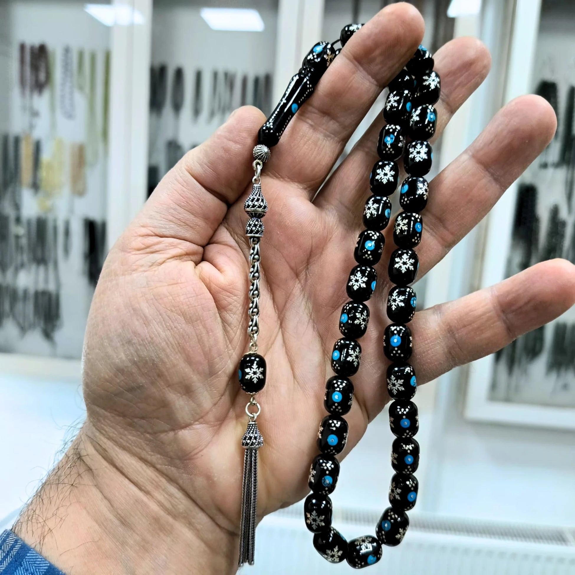 Özel Seri Sertifikalı Erzurum Oltu Taşı Gümüş İşlemeli Tesbih