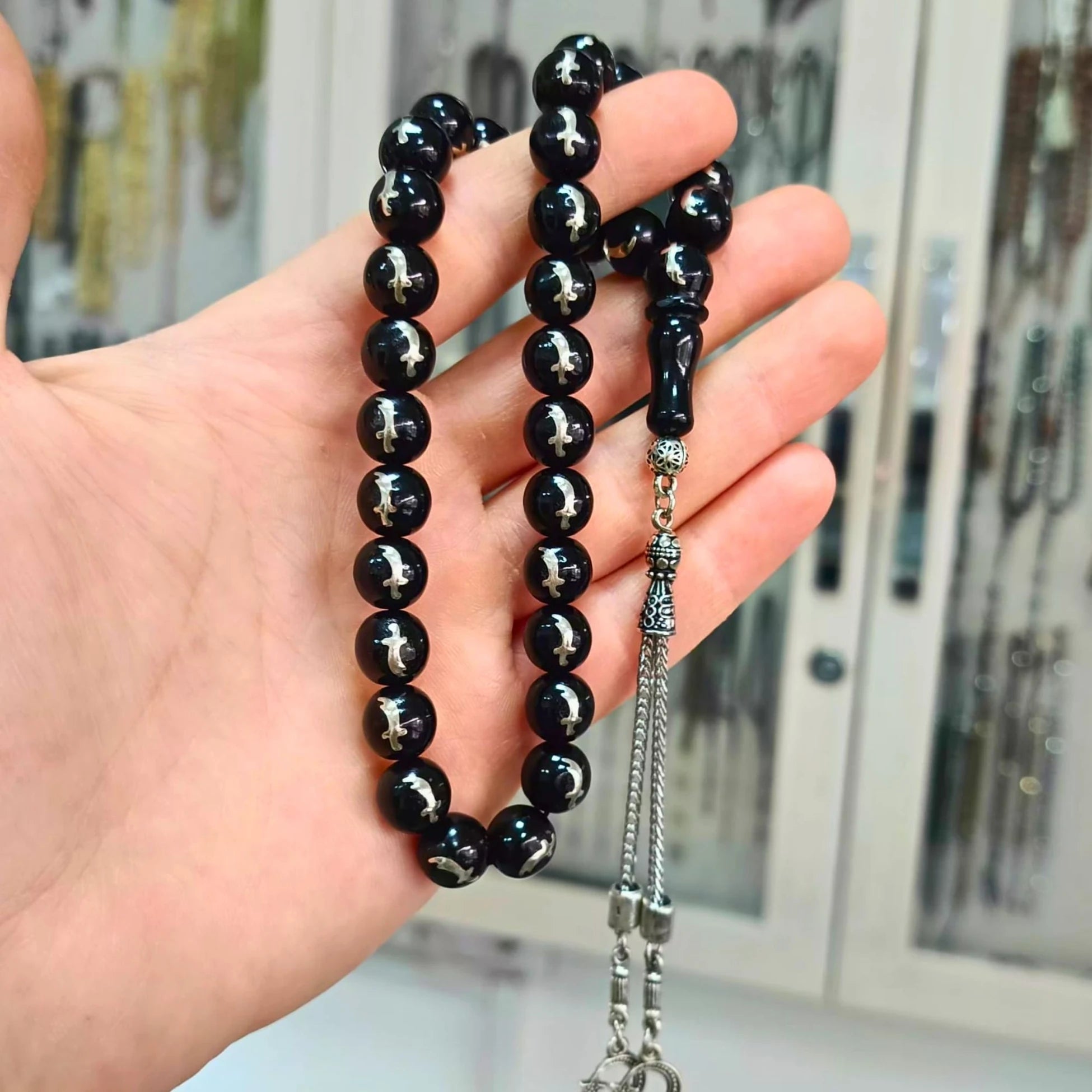 Küre Kesim Gümüş Zülfikar Kılıcı İşlemeli Oltu Taşı Tesbih 10 mm