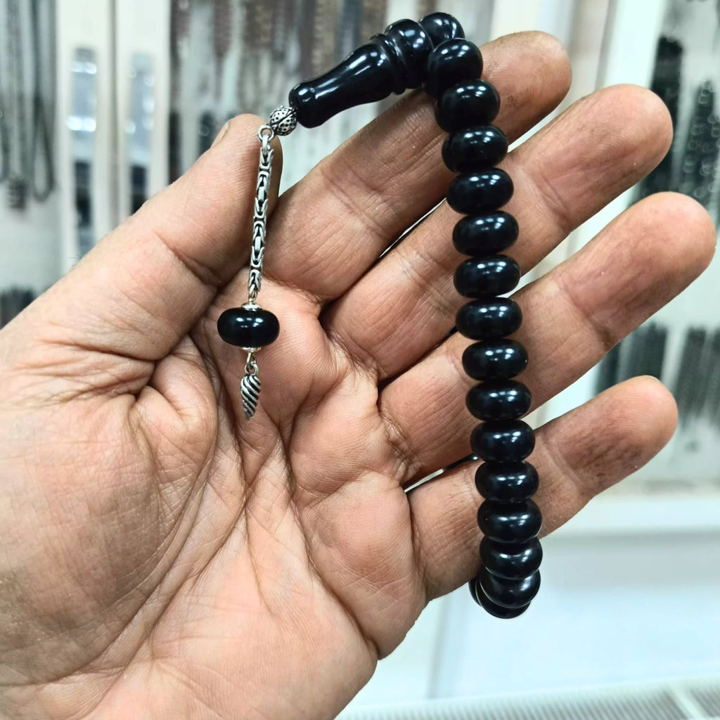 Gümüş Püsküllü Bilek Boy Gürcistan Oltu Taşı Tesbih 12 x 7 mm