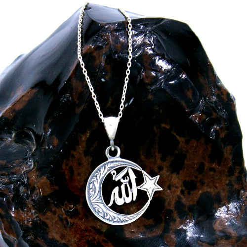 925 Ayar Gümüş Ayyıldız ve Allah Yazılı Kolye
