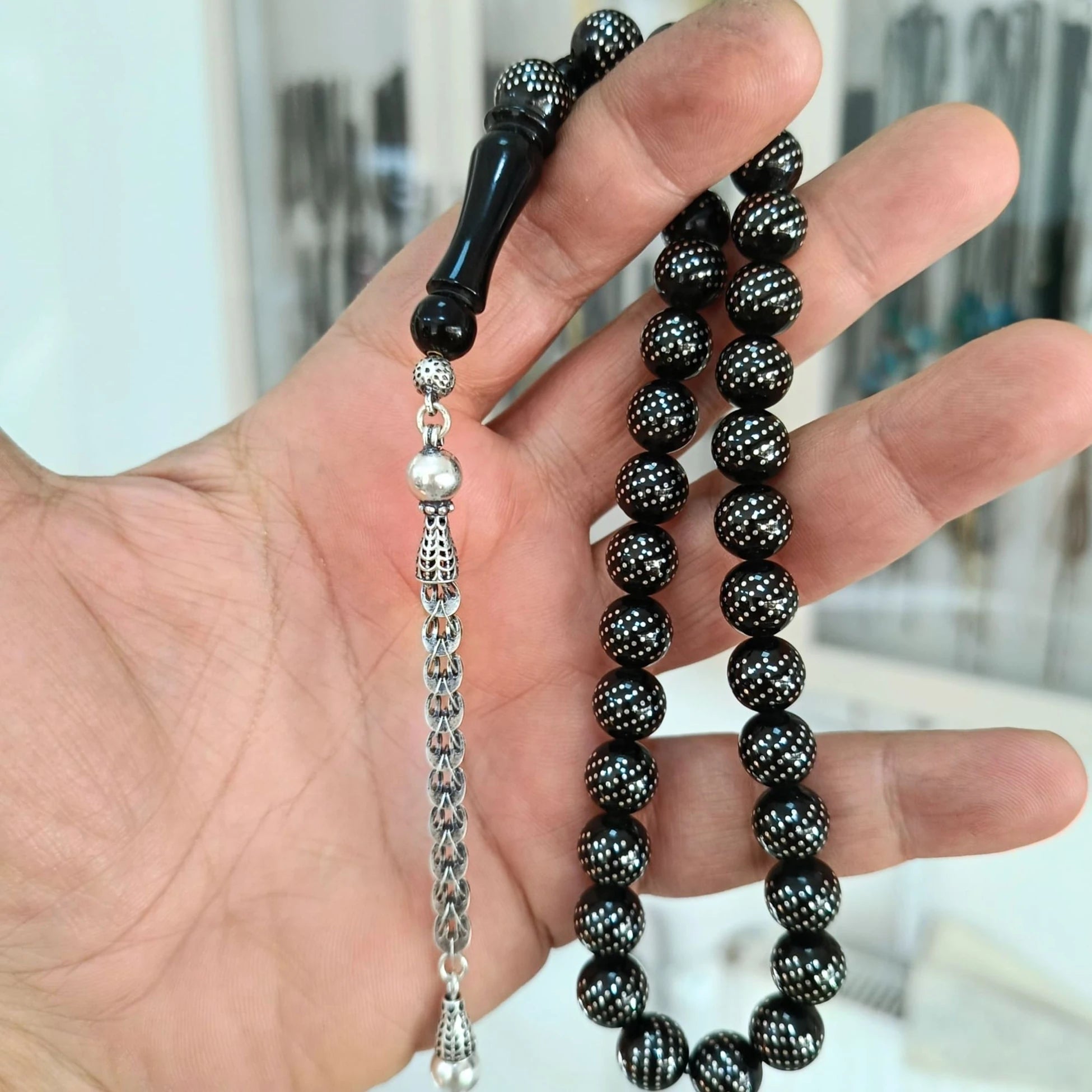Yoğun Gümüş İşlemeli Erzurum Oltu Tesbih 10 mm