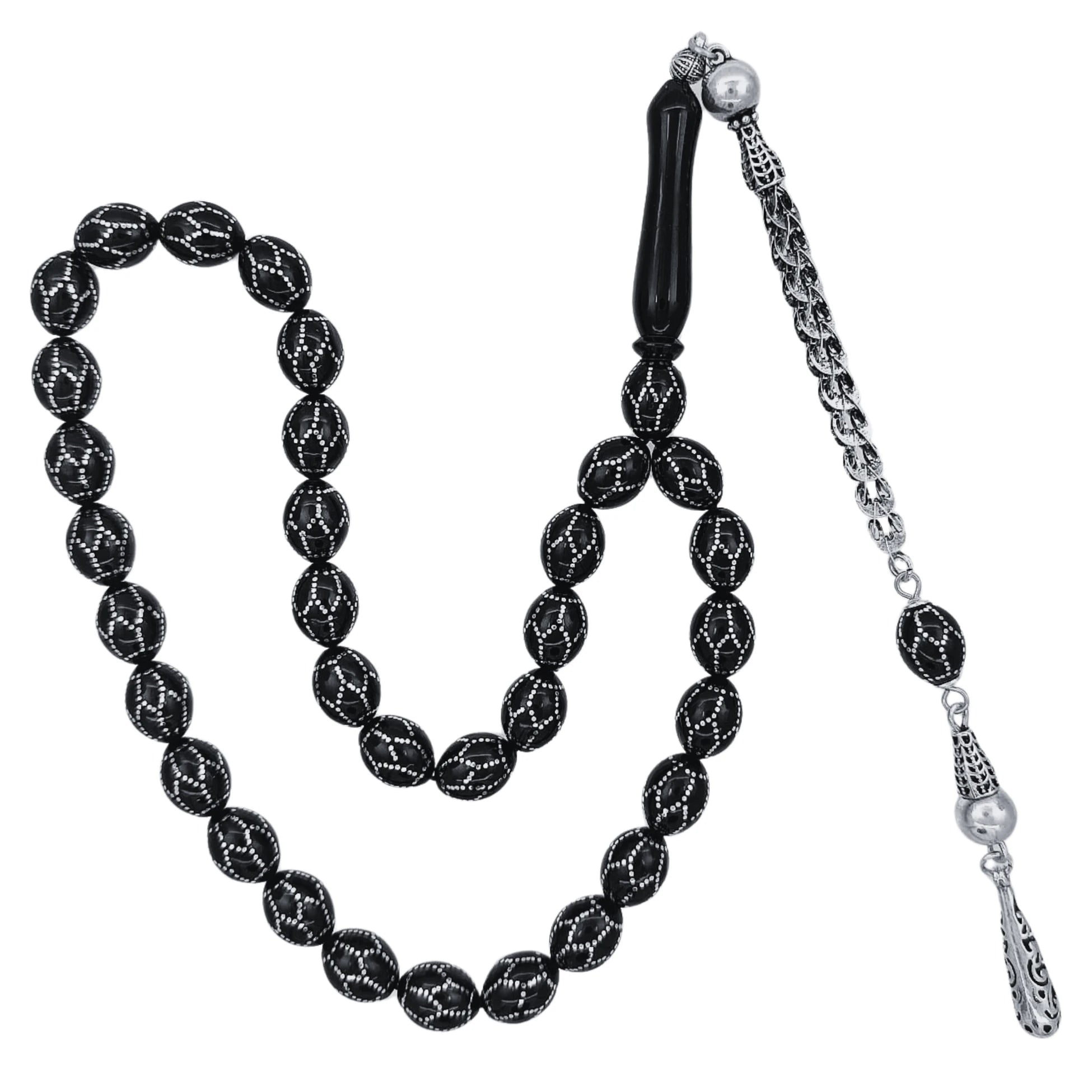 Gümüş Petek İşlemeli Sertifikalı Erzurum Oltu Taşı Tesbih 9 X 12 mm