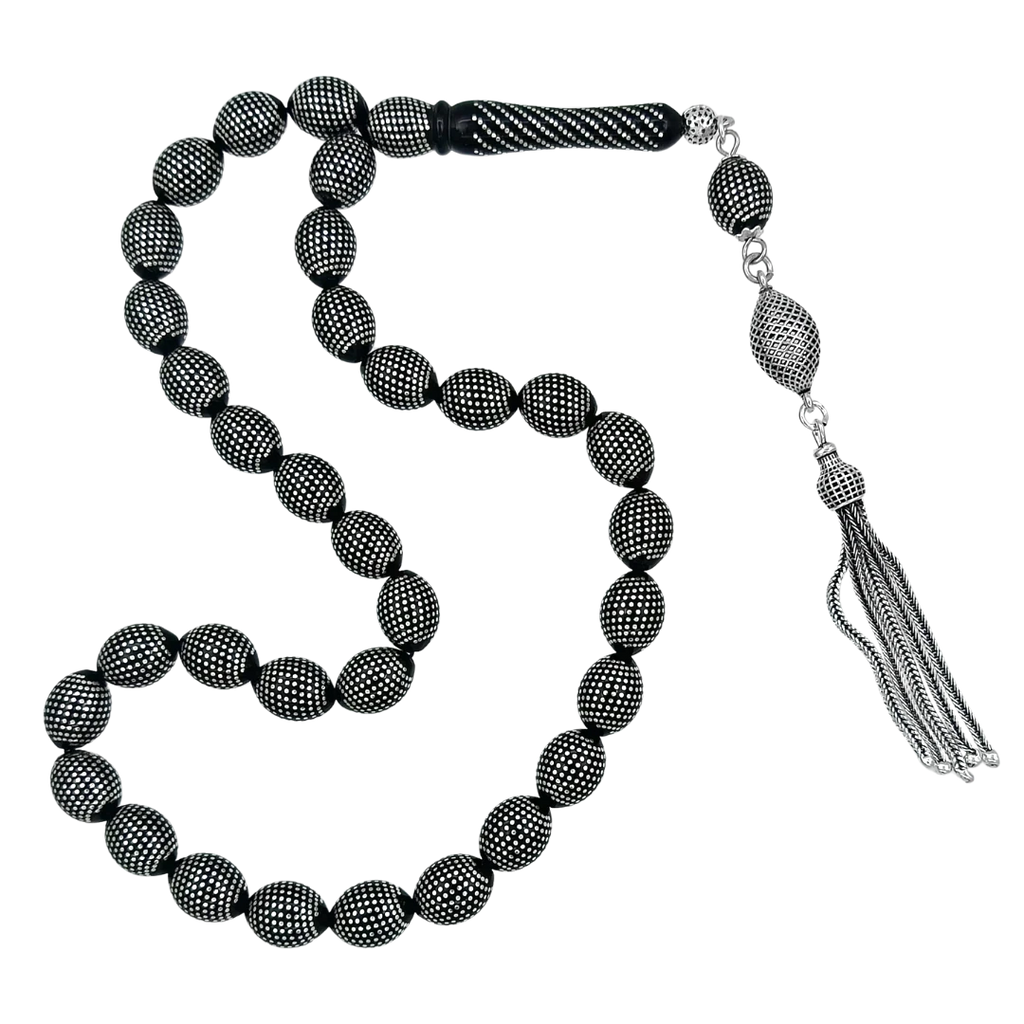 Gümüş Çeşmi Bülbül İşlemeli Koleksiyonluk Özel Üretim Sertifikalı Erzurum Oltu Taşı Tesbih 9 x 11,5 mm