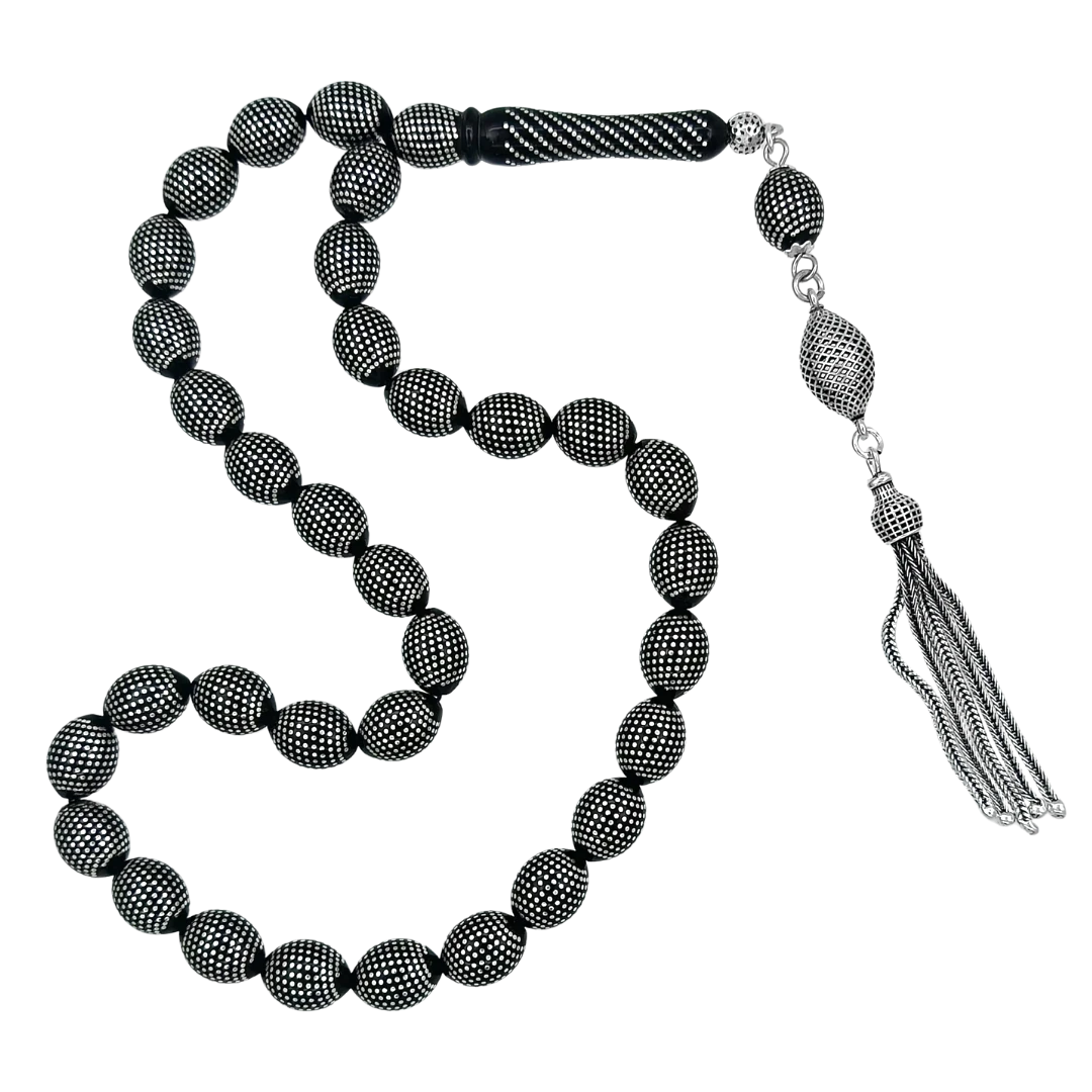 Gümüş Çeşmi Bülbül İşlemeli Koleksiyonluk Özel Üretim Sertifikalı Erzurum Oltu Taşı Tesbih 9 x 11,5 mm